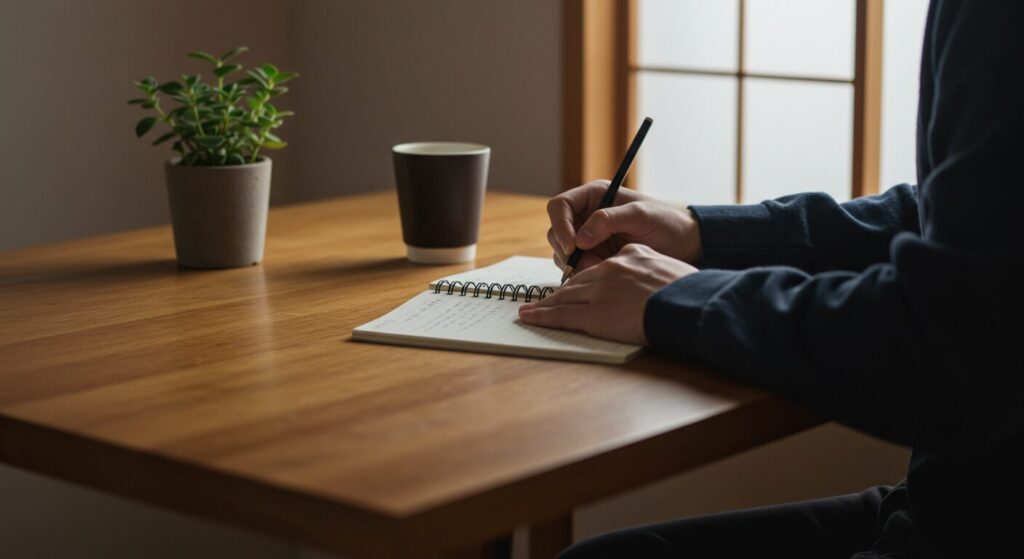 机の上でノートにペンを走らせ、自己肯定感を高めるための簡単な習慣を始めている様子。