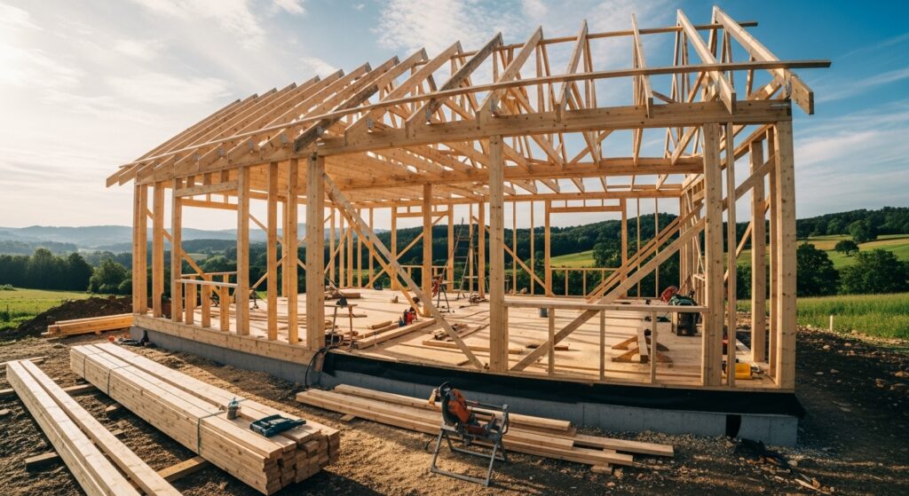 目標の6割を目指して形にするイメージを象徴する、建設途中の家の木枠。