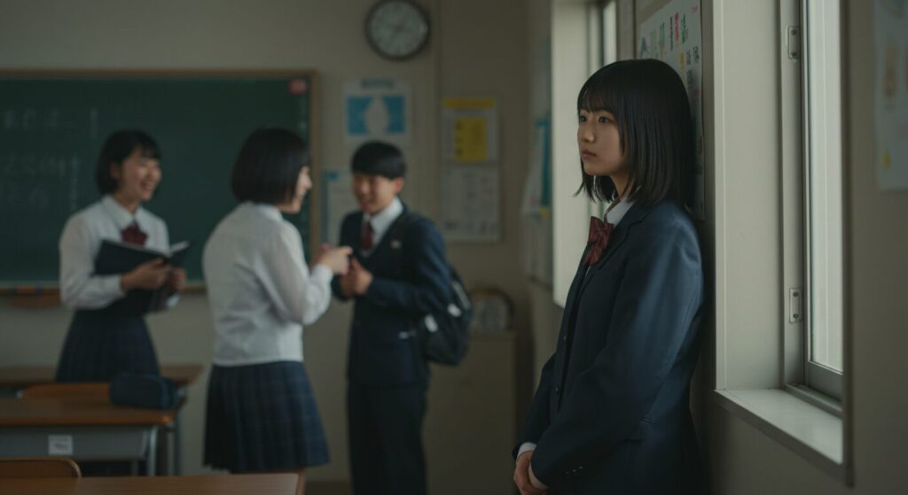 教室で楽しそうな同級生を横目に、他人と比較して疎外感を感じている女子生徒。