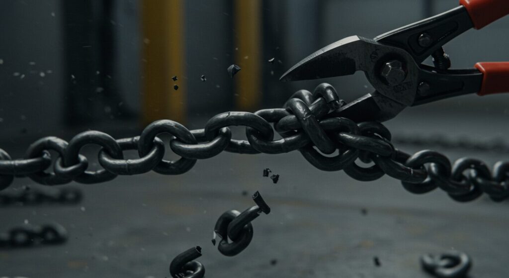 長く複雑な一文を、短く簡潔な文に分けることの重要性を比喩した、切断される鎖の画像。