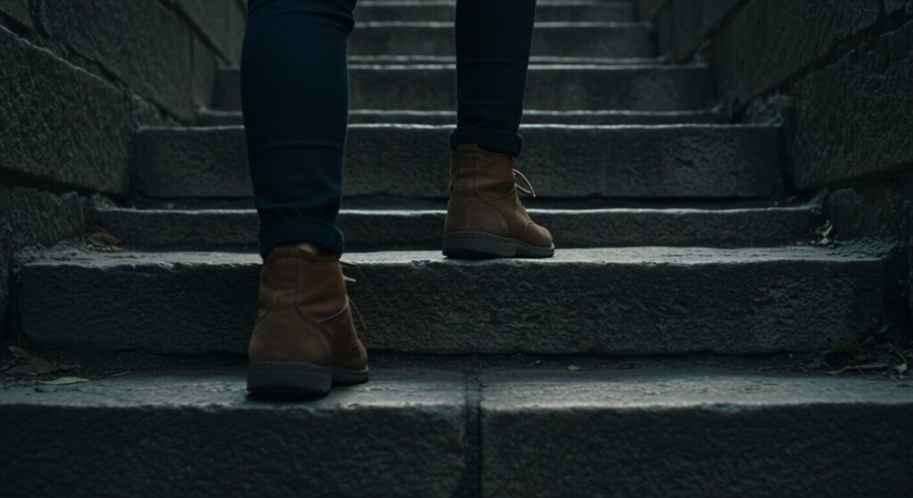 自己肯定感を高めるプロセスを象徴するように、石段を一歩ずつ着実に上っていく人の足元。