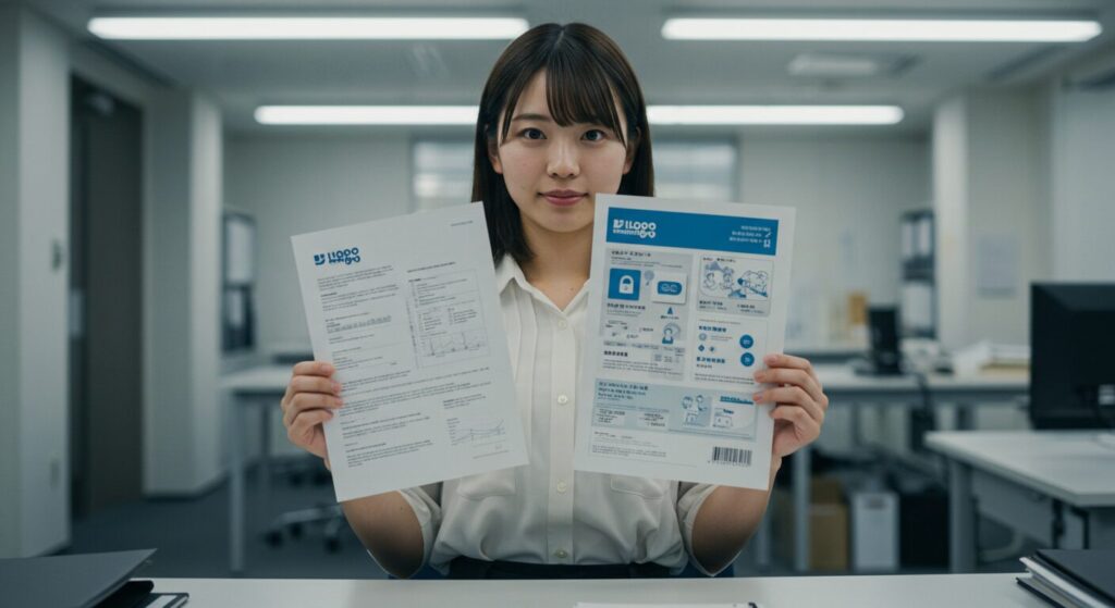 同じ内容を、聞き手の知識レベルに合わせて専門的な資料と簡単な資料で使い分ける様子。