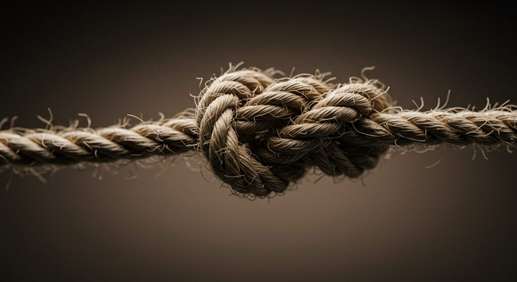 思考の過程が整理されず、結論が見えにくい状態を比喩する固く結ばれたロープ。