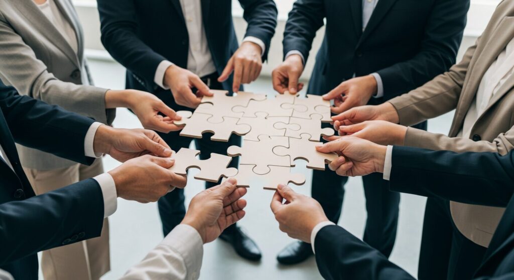 会社の同僚たちが協力してジグソーパズルを完成させ、チームワークの重要性を示している様子。