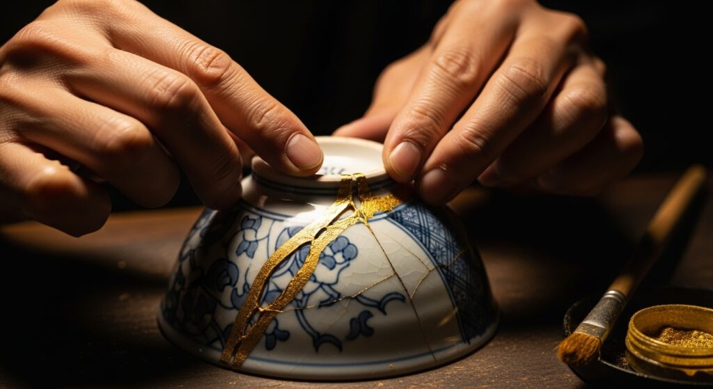 失敗を許容する改善法として、割れた器を金継ぎで修復している様子。