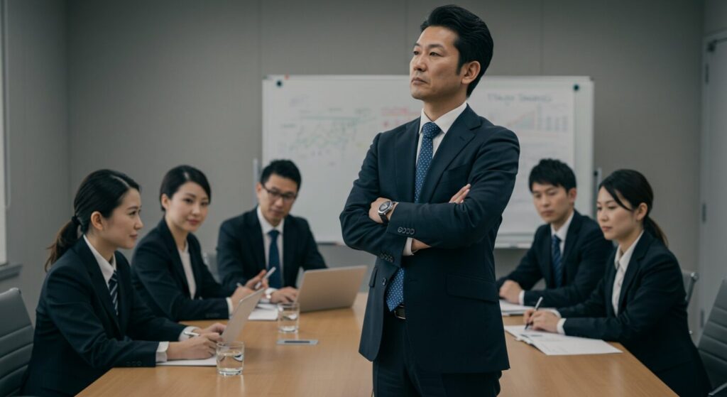 プライドが高く自分の非を認めないことから、他者の意見を聞き入れることができず、職場で浮いている日本人男性。