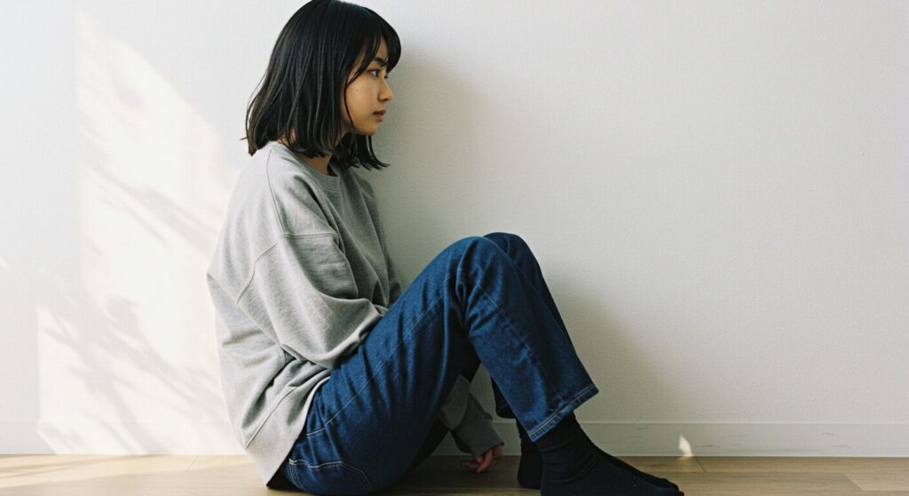 自己肯定感が低い女性が床に座り込んでいる。