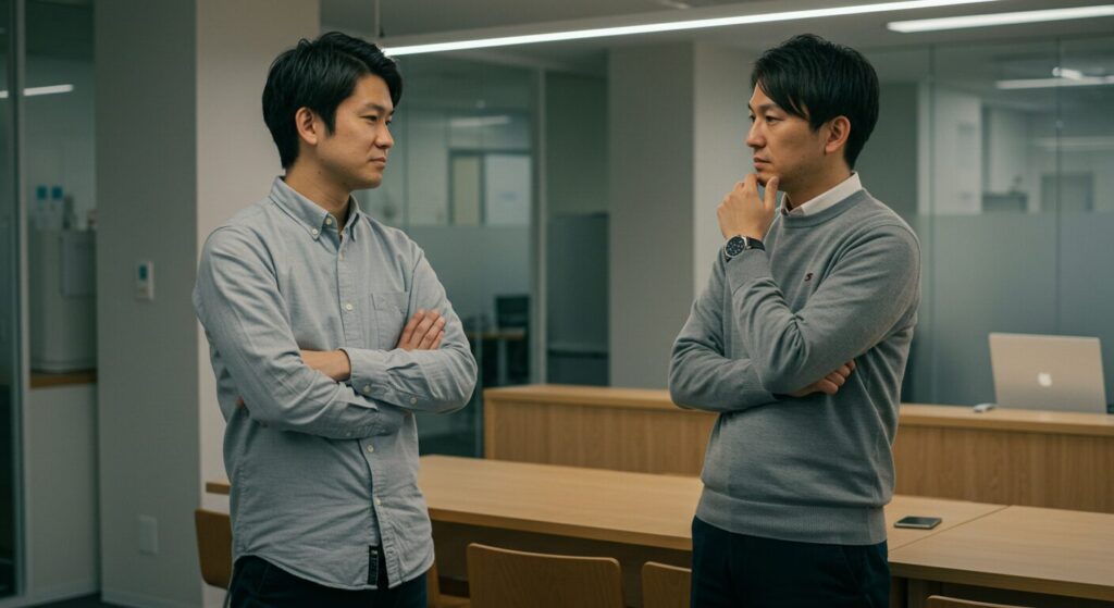 対立するのではなく、相手の心理背景を冷静に理解しようと向き合う二人の同僚。