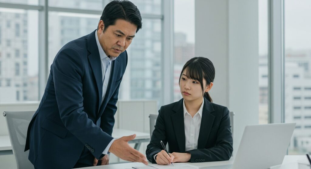 日本人上司が部下に対して、求められていないアドバイスを熱心にしている。