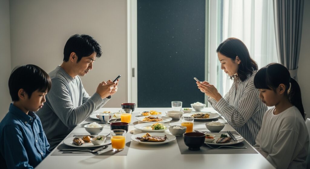 食卓で会話なくスマートフォンを見る家族の様子から、挨拶しない人の育ちや家庭環境を表現した画像。