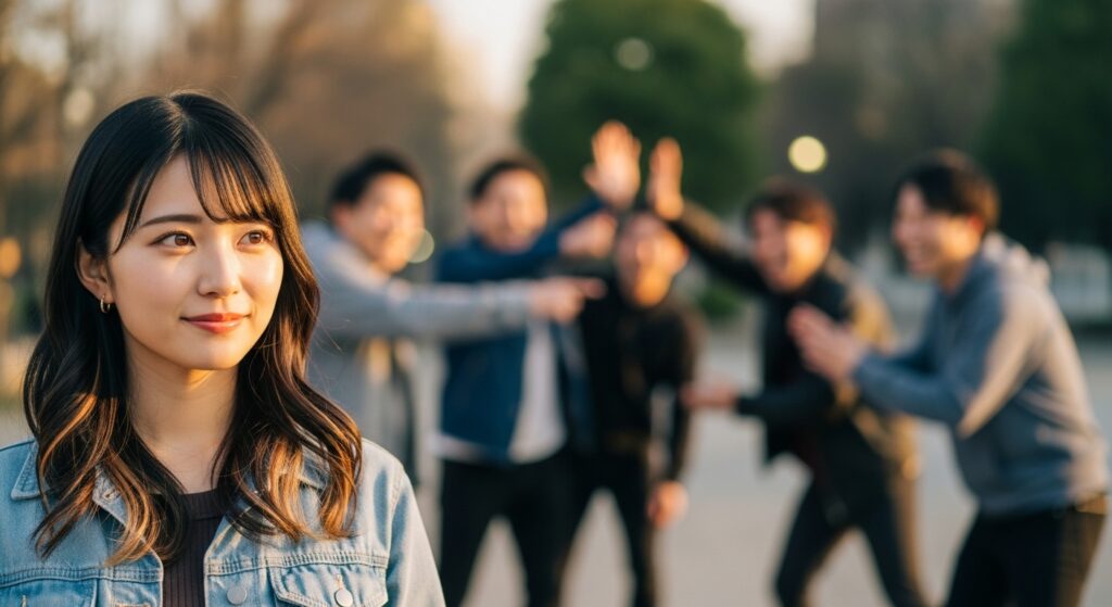 お調子者のグループを温かく見守ることを象徴する日本人女性の優しい表情。