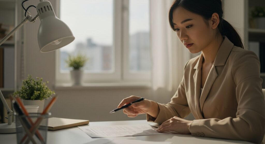 業務マニュアルのチェックリスト項目をペンで指し示しながら確認する日本人女性