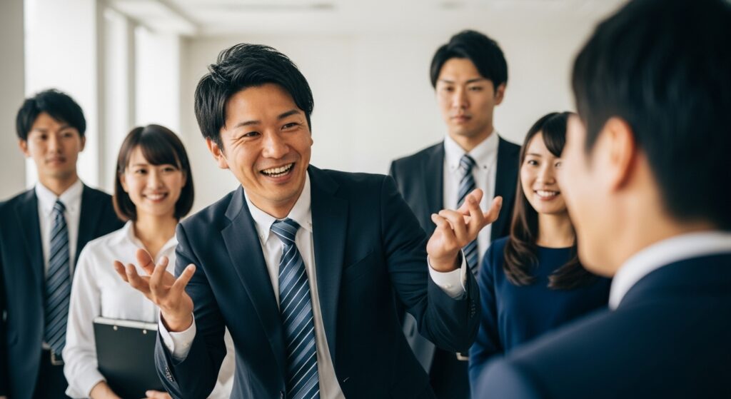お調子者とはどんな人を指すのかを象徴する、職場で大げさな身振りで楽しそうに話す日本人男性。