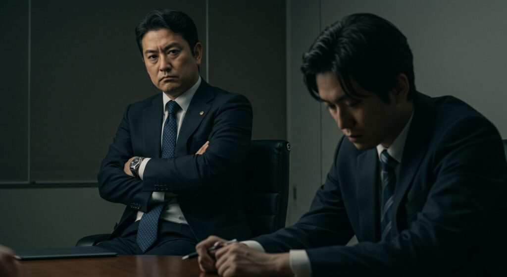 暗い会議室で厳しい表情の上司から指導を受け、深くうつむき落ち込む若い日本人社員