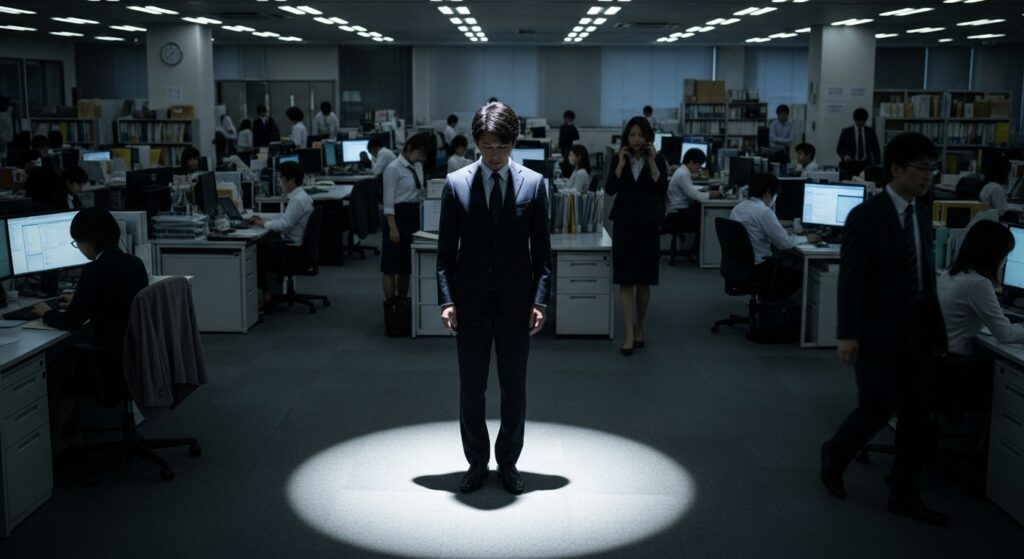 薄暗いオフィスの中央でスポットライトを浴びるように一人だけ立ち尽くし、孤立しているスーツ姿の男性