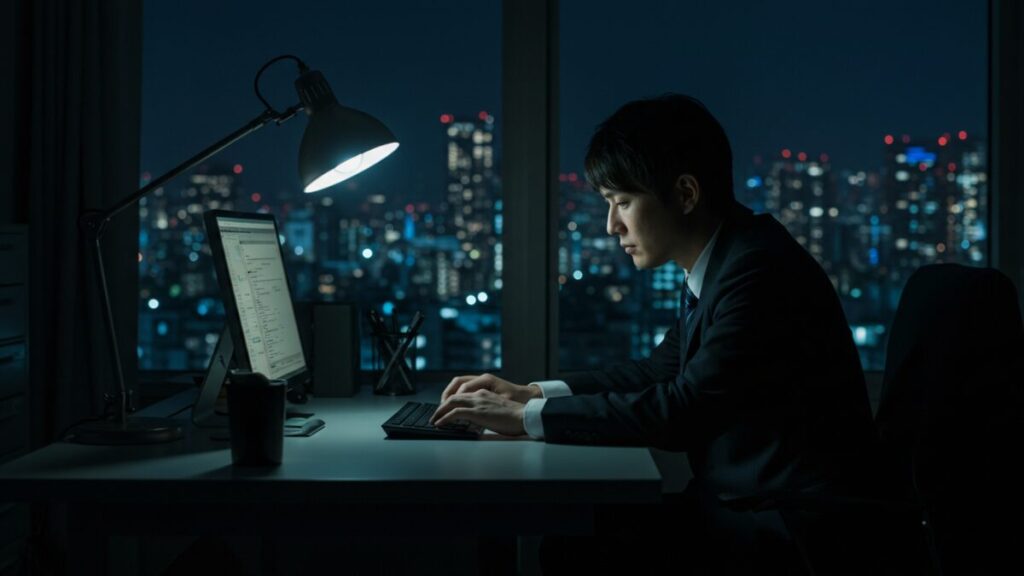 夜のオフィスで一人残業する真面目な男性が、仕事を頑張るだけ損だと感じながらパソコンに向かう様子
