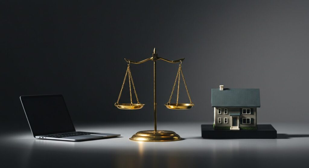 ノートパソコンと家の模型を乗せた天秤で、ワークライフバランスと残業キャンセルの価値観の違いを表現。