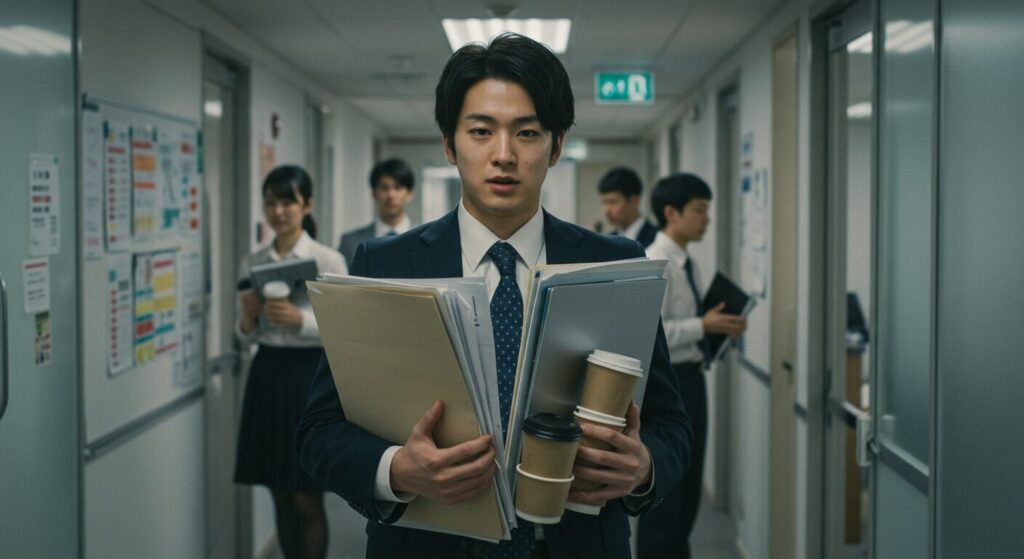 過剰な責任感から一人で大量の仕事や雑務を抱え込み、心身ともに負担を強いられている若い男性社員。