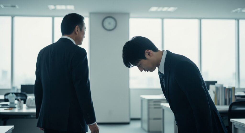 上司に丁寧にお辞儀をするも、序列意識から挨拶を無視されてしまい困惑する若手社員。