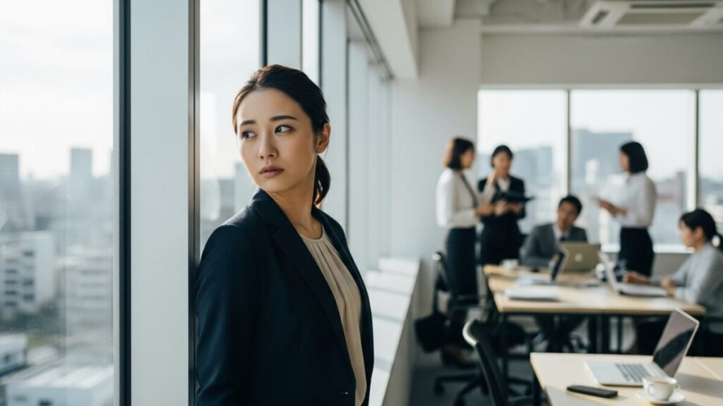 職場で同僚の輪から外れ、一人窓の外を眺めて自分だけに挨拶しない人の心理について思い悩むスーツ姿の女性。