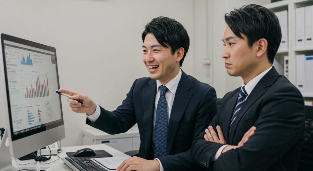 職場で同僚の成功を認めず、嫉妬心からマウンティングをする様子のビジネスパーソン。