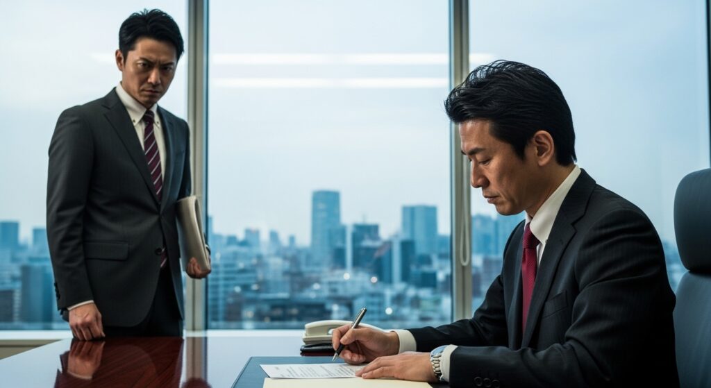 デスクで仕事をする同僚に対し、背後から敵意とライバル心を込めた険しい視線を送る男性社員。