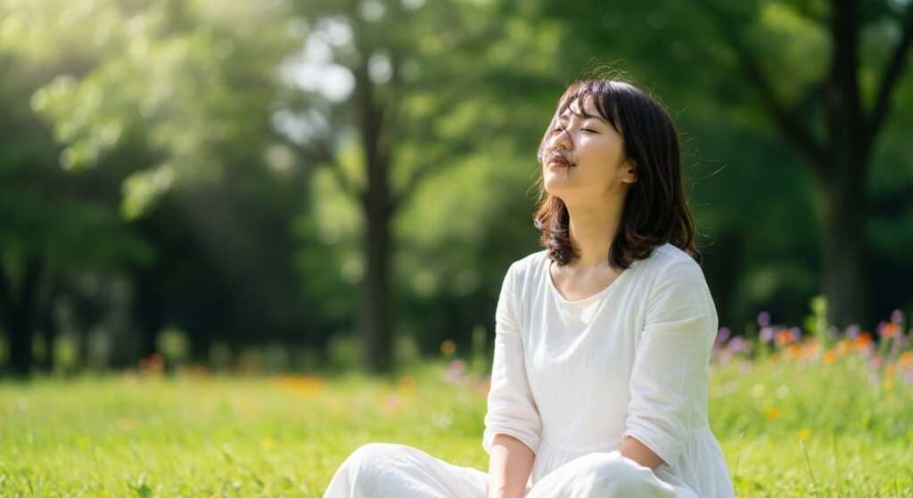 公園の芝生で日本人女性が目を閉じ、ありのままの自分を受け入れて穏やかな表情をしている様子。