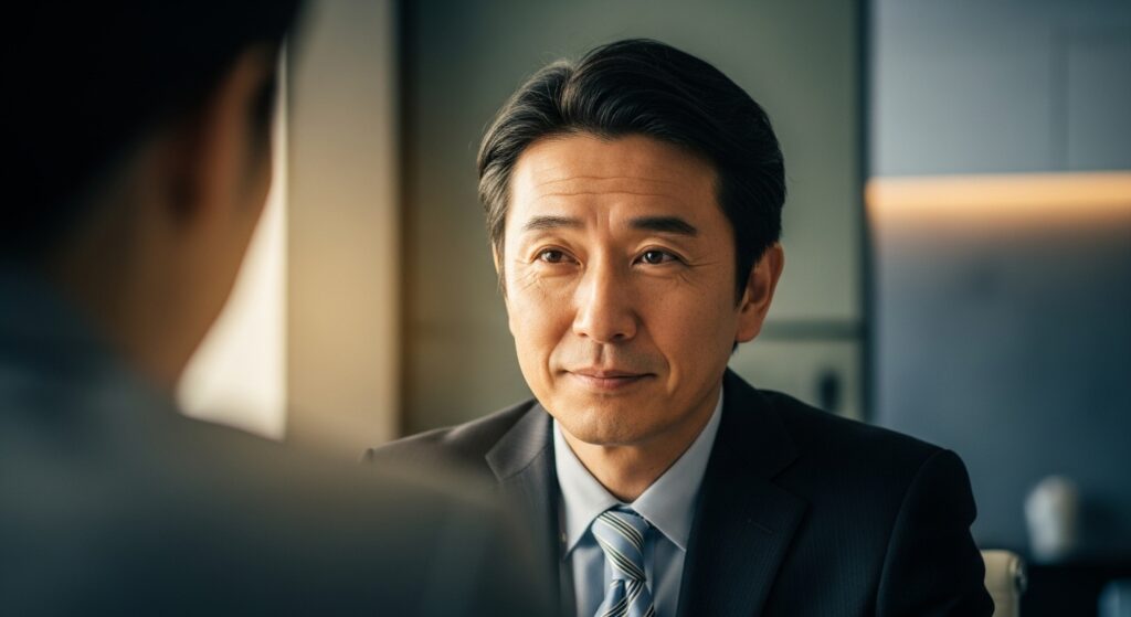 相手の言い分を否定せず、穏やかな表情で頷きながら傾聴するビジネスマン。