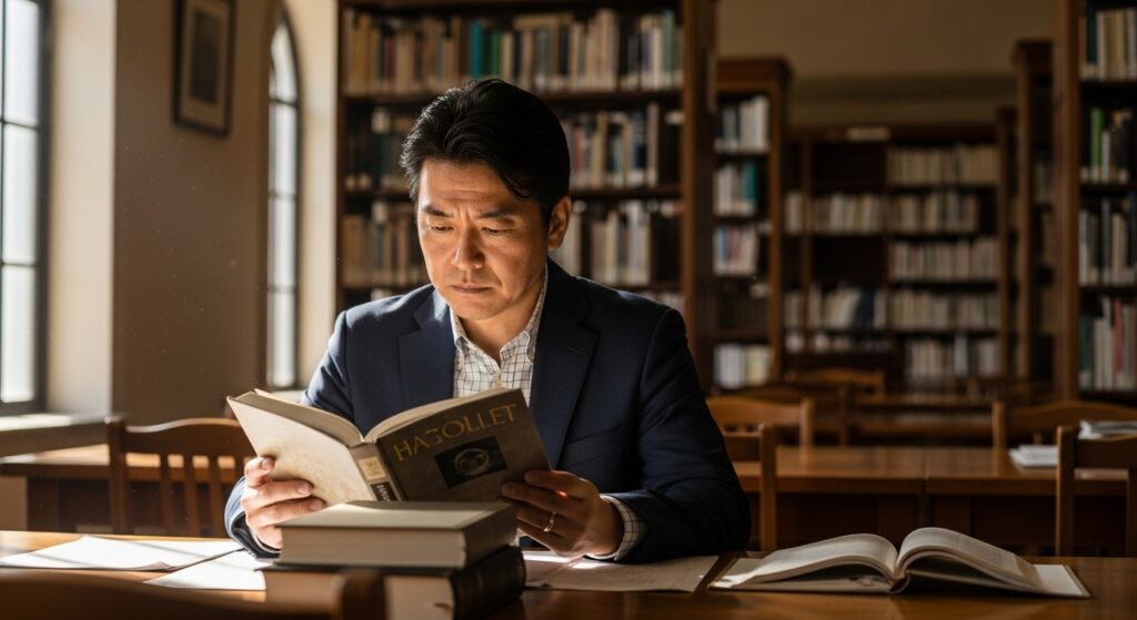 図書館の机で日本人男性が本を開き、大人の学びと成長を象徴している様子。