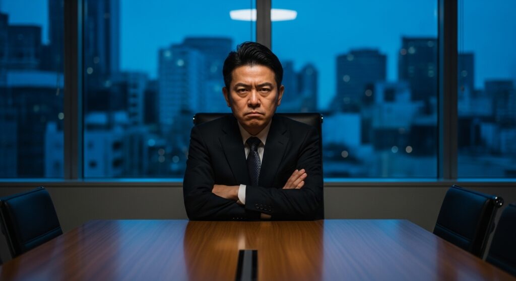 劣等感を隠すため、夜の会議室で一人腕を組み、高圧的な態度をとる日本人男性。