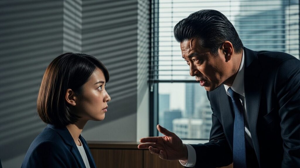 高圧的な上司と向き合う日本人女性の部下。高圧的な人の育ちや末路を理解しており、適切に対処している様子。