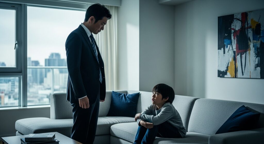 権威的な父親が、ソファに座る子どもを高圧的に見つめる家庭環境。高圧的な人の育ちを示している。
