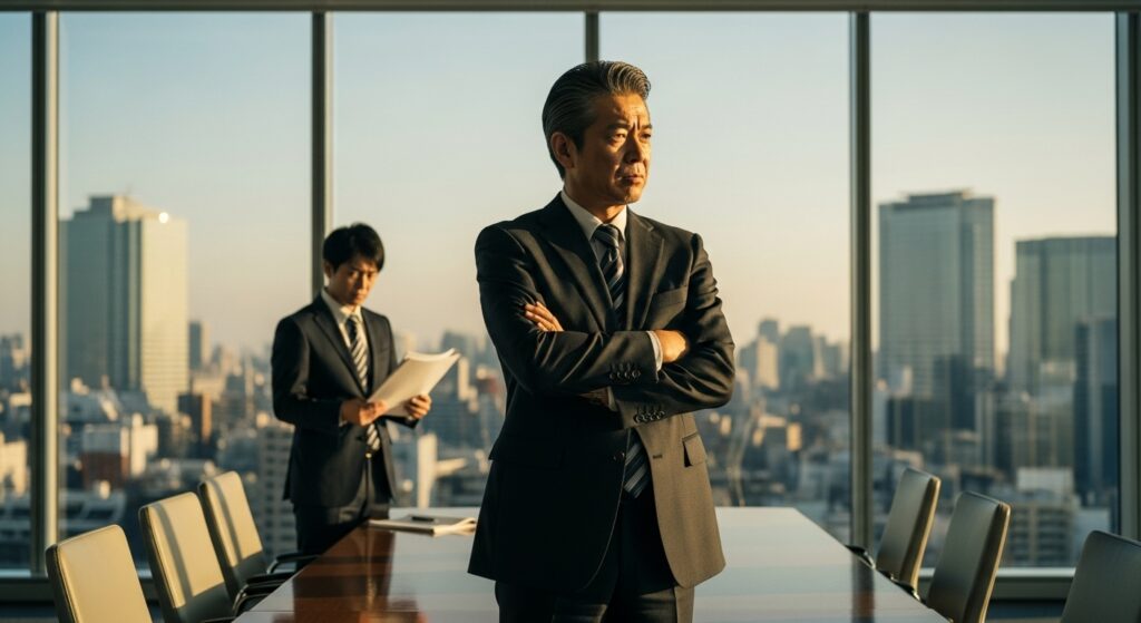 都市を望む会議室で腕を組んで立つ管理職と、後ろで資料を持つ部下の姿を通じて、権限だけを主張する上司像。
