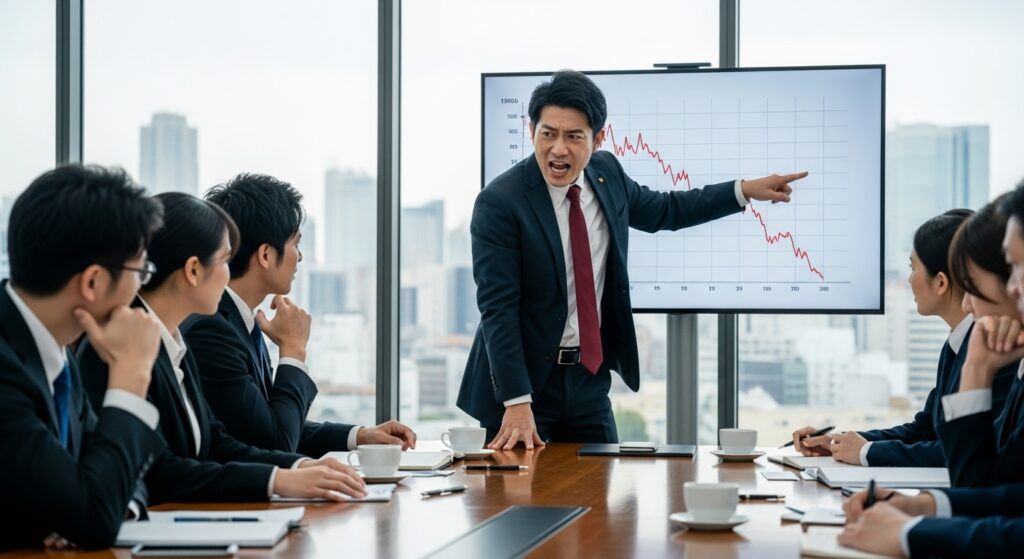 会議中に業績悪化のグラフを指差し、他人や環境のせいにして激昂する男性
