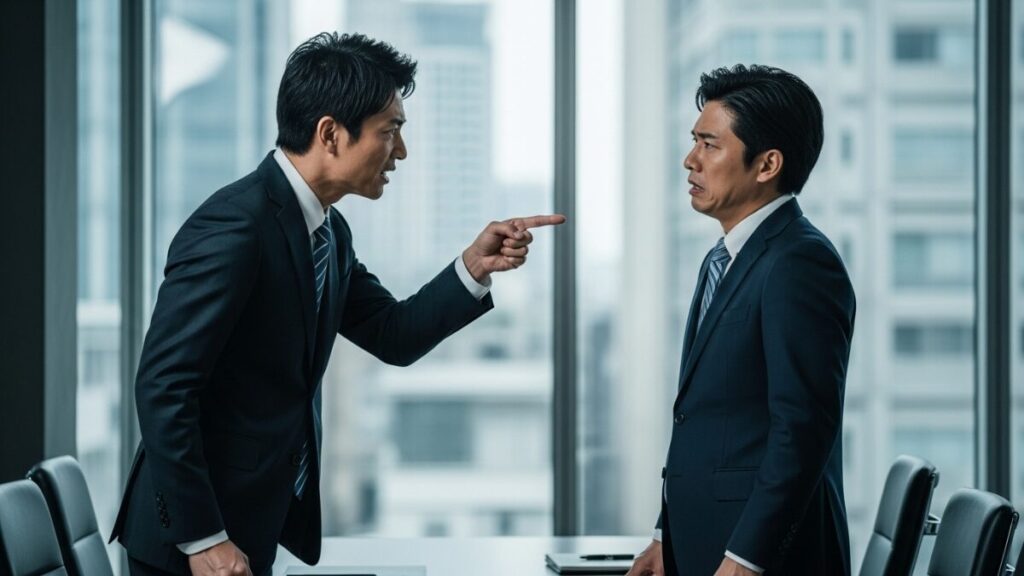 同僚から指を差され、責任を押し付けられている男性。人のせいにする人の育ちや末路に悩んでおり、困惑した表情が見られる。