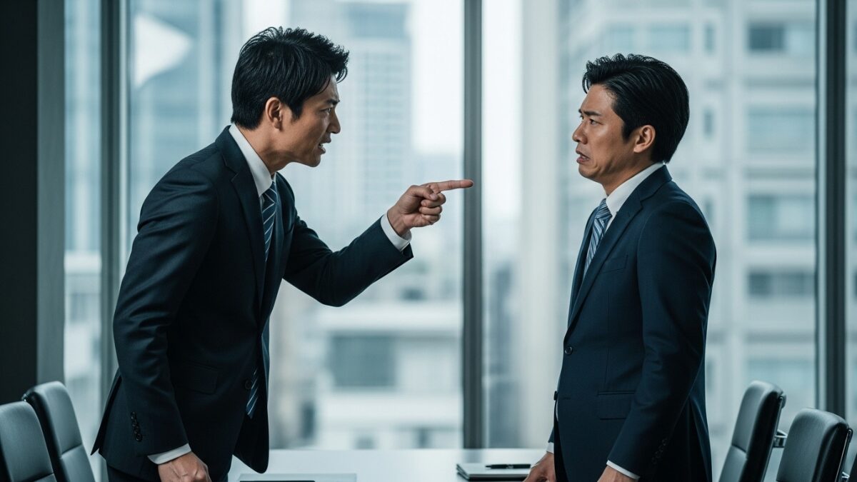 同僚から指を差され、責任を押し付けられている男性。人のせいにする人の育ちや末路に悩んでおり、困惑した表情が見られる。