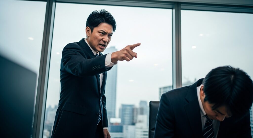 「あの人のせいで」と部下を指差して厳しく非難する、他責思考の上司。