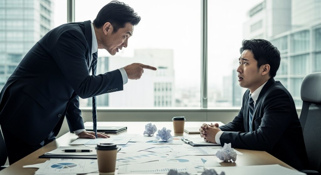 プロジェクトの失敗を認めず、部下を指差して他人のせいにしている偉そうな日本人上司。