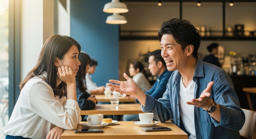 カフェで日本人男性が身振り手振りを交えて自慢話をし、聞いている女性がうんざりしている様子。