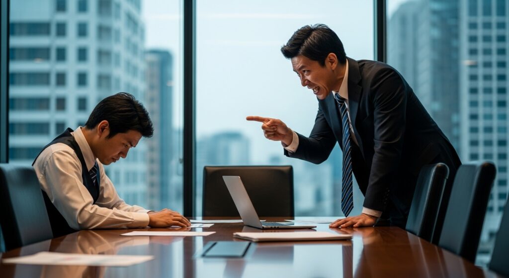 オフィスの会議室で、高圧的な日本人上司が部下を指差しながら激しく叱責している。