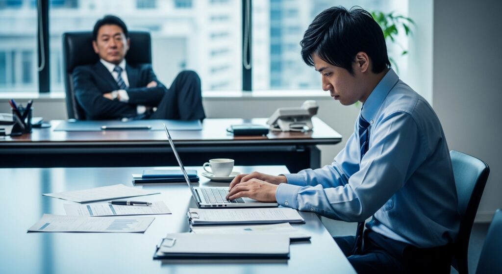 何もせず椅子にもたれている上司の手前で、若手社員が一人で資料とパソコンに向き合い仕事を丸投げされている様子。