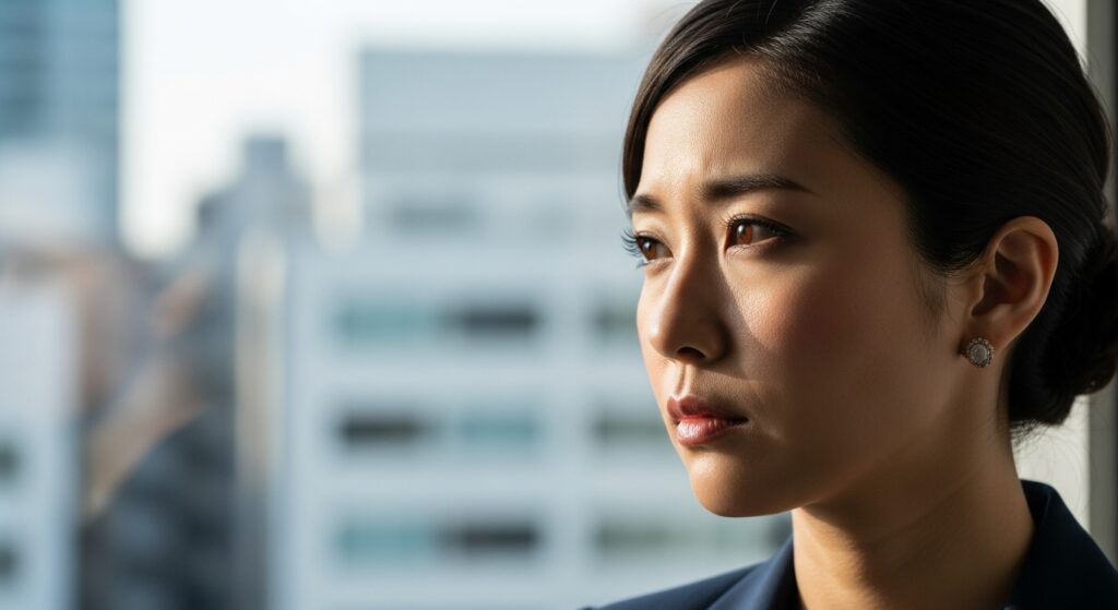 窓際で遠くを見つめながら、頭の中で複雑なシミュレーションや思考に深く没頭している知的な日本人女性