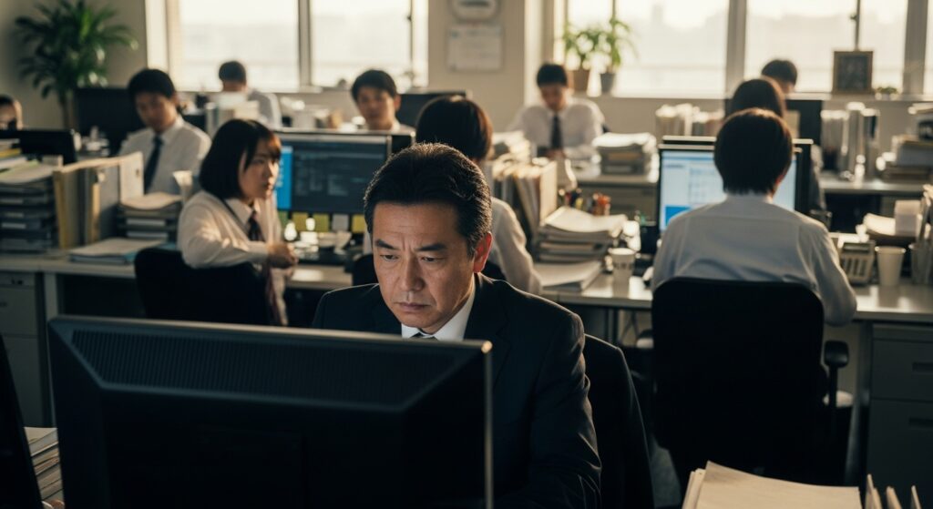 忙しそうな表情でパソコン画面を見つめる管理職と、その周囲で働く社員たちを捉えた、成果が見えにくい職場の様子。