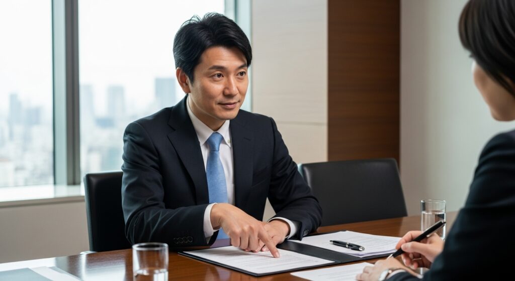 感情を抑えて冷静に、書類を指差しながら部下に事実を確認する上司。