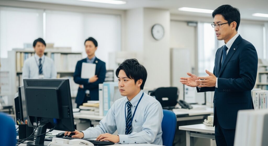 高圧的な上司の話を、自分事として捉えすぎず、パソコン作業に集中し冷静に受け流す日本人社員。