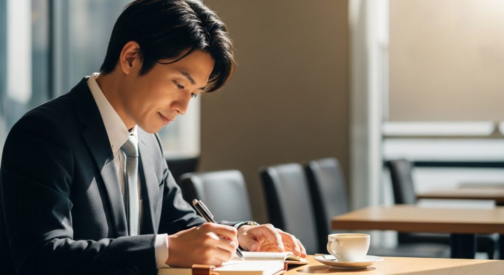 カフェでコーヒーを飲みながら、ノートにペンで書き出し冷静に状況を把握する日本人男性。
