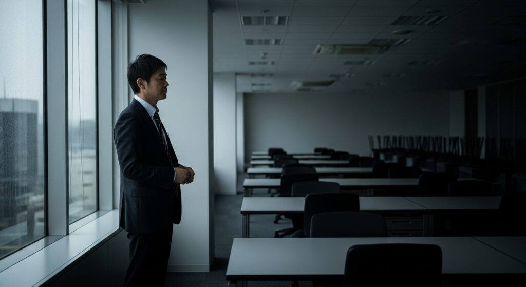 信頼を失い、誰もいないオフィスで一人窓の外を眺め、キャリアの停滞を嘆く日本人男性。