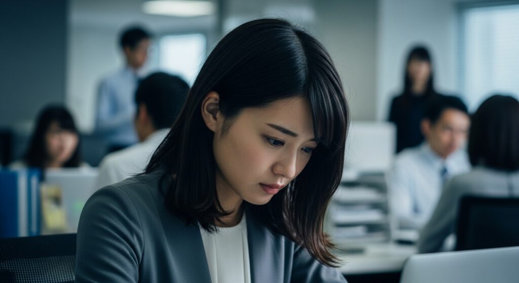 オフィスで周囲の評価を気にしすぎて、不安そうに顔を伏せる日本人女性