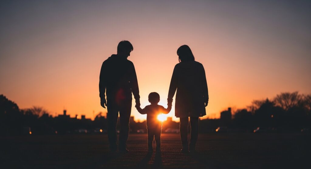 夕焼けの中を親子3人が手をつないで歩くシルエットで、幼少期の家庭環境を象徴する画像。