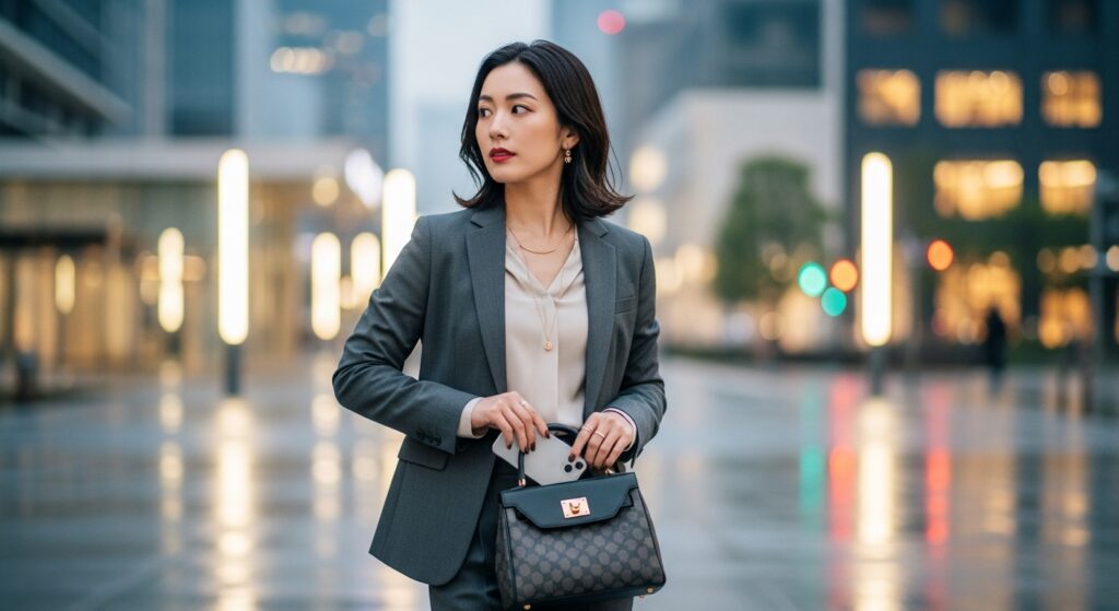 オフィス街でスーツ姿の日本人女性がスマートフォンをしまい、自分で道を選択して歩き出す様子。